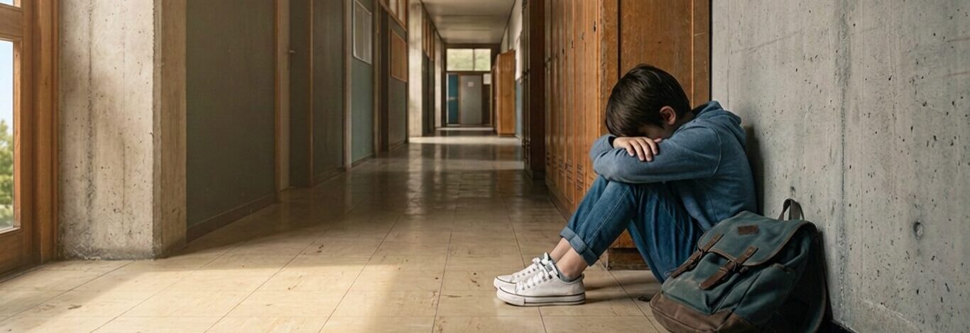 Ein Junge sitzt zusammengesunken und einsam bei Schulkrise in einem Schulkorridor