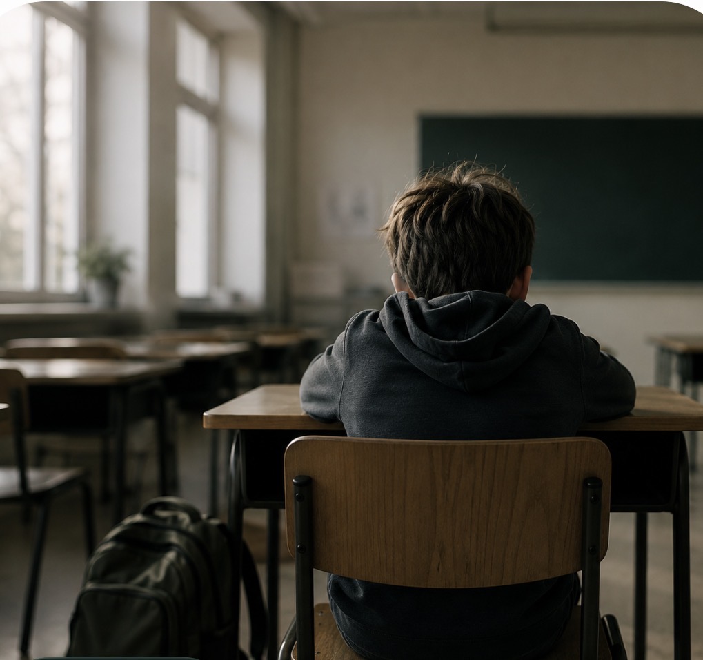 Düstere Stimmung im Klassenzimmer mit einsamen Schüler