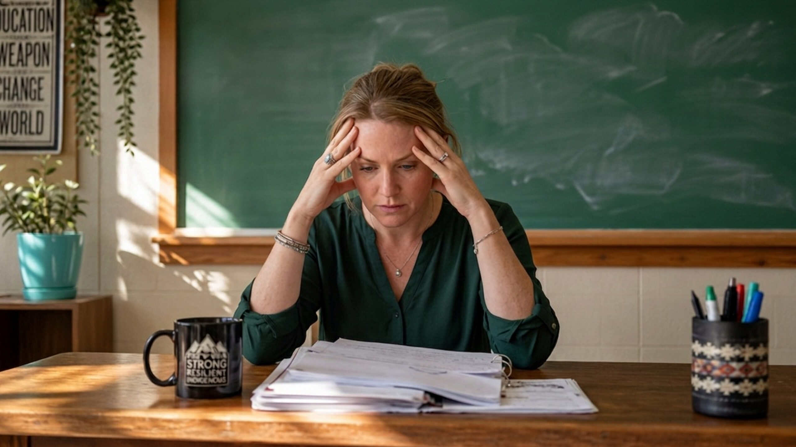 Eine Lehrerin sitzt unglücklich über Schulkrise an ihrem Pult