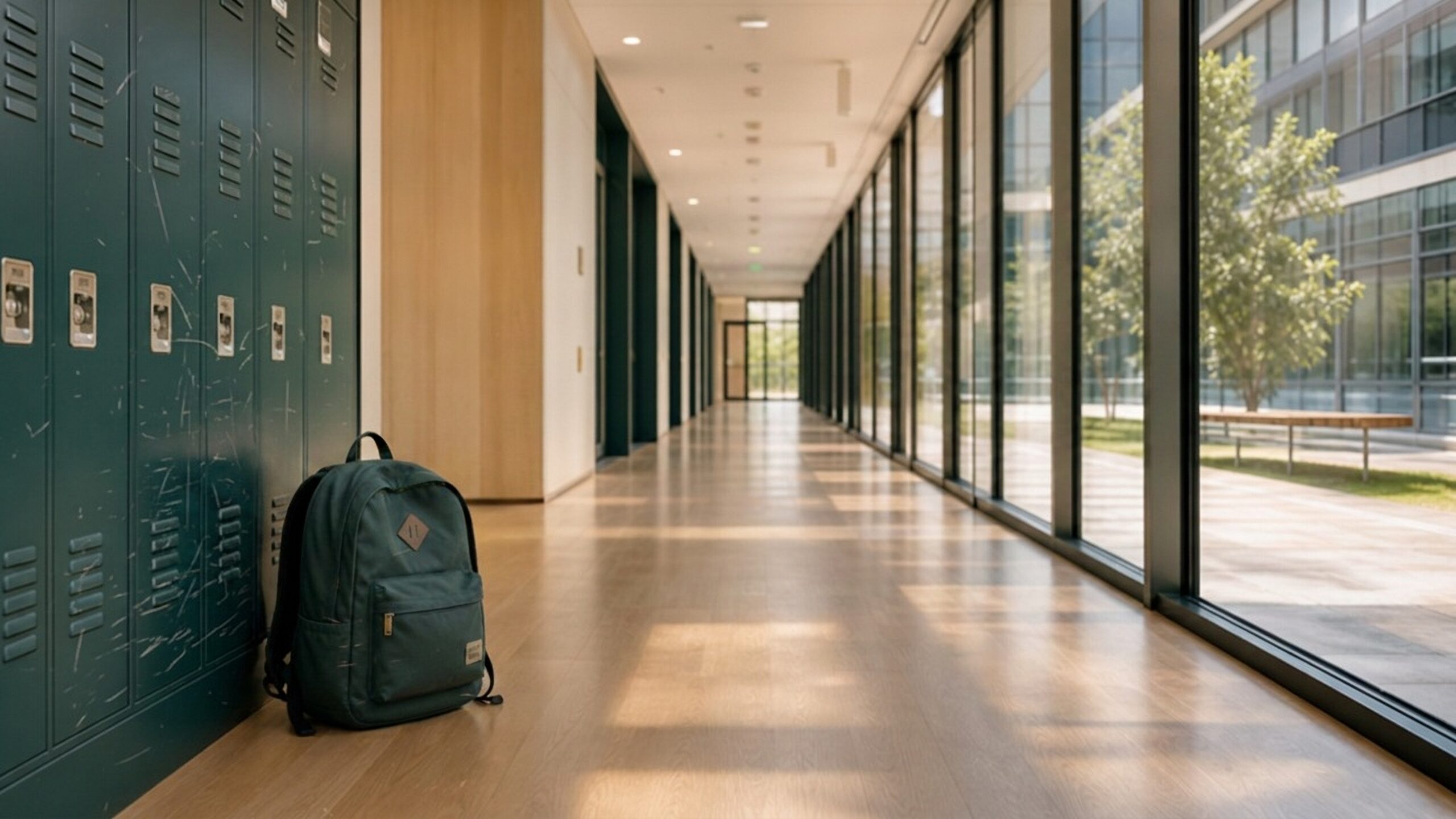 Leerer Schulkorridor mit Schultasche und Schließfächern symbolisiert Abwesenheit bei Schulkrise