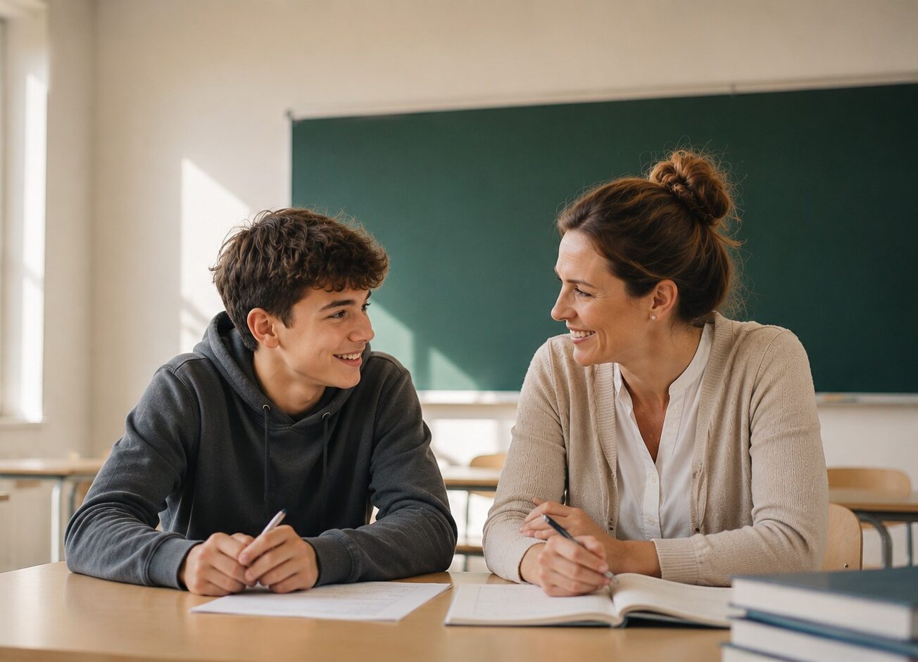 Eine Lehrerin ist mit einem Schüler in angeregtem Gespräch mit Schulkrisenkompetenz