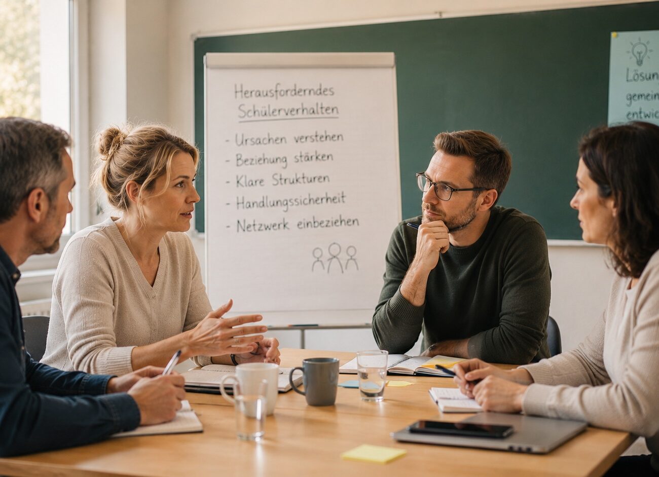 Vier Lehrer in einem Beratungsgespräch zur Kompetenz bei Schulkrisen